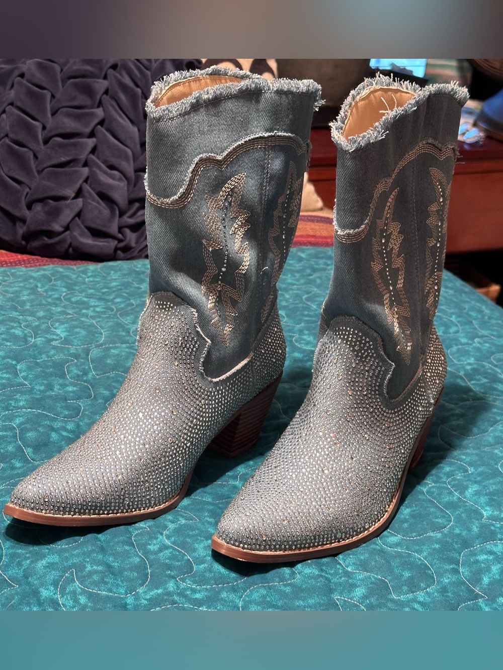 Wild Diva Light Blue Denim Jewel-Embellished Western 12in Ankle Boots